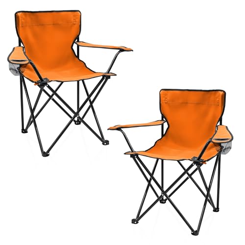 Spetebo Lot de 2 chaises de camping pliantes avec porte-gobelet - Orange - Chaise de camping pliable avec sac de transport - Pour festival, loisirs, jardin,...