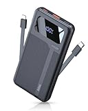 Antteez Portable Charger with Built in Cable - 10000mAh Fast Charging 22.5W Power Bank USB C LED Display Travel Battery Pack 4 Outputs & 2 Inputs for iPhone Samsung iPad Phones Tablets