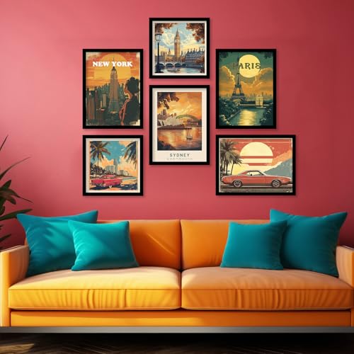 Image of kotart Retro Travel Theme City Vibes Wall Decor Photo Frames - Modern Art City Vibes Wall Decor Photo Frames - Wall Poster with Frame for Room Office Living Room Hotel Home Decor Set of 8 (Art 3, Big(13x17 or 13x13 inch), Framed)