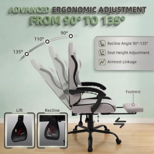 Image of Video Gaming Chair, Ergonomic Office Chair with Footrest, Lumbar Support and Linkage Armrests, Swive Home Video Game Chairs for Adults, Gray