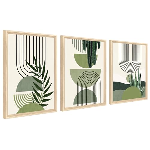 3 Pcs Abstracto BotáNico Hoja Verde Marco de Madera Cuadro Moderno Línea Geométrica Beige Verde Lienzo Decorativos Pintura Imagen Cuadros Decoracion Salon Dormitorios Baño 30cmx40cmx3 (Sin PlexigláS)