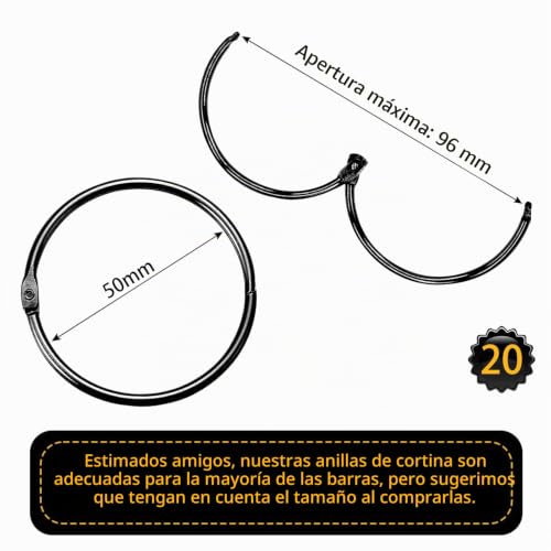 Miniatura 2 de 20 Anillos De Cortina Para Abrir, Anillos De Cortina De 50 Mm, Anillos Redondos, Clips De Cortina De Ducha, Clips De Metal Para Cortinas Y Barras De Cortina Negro