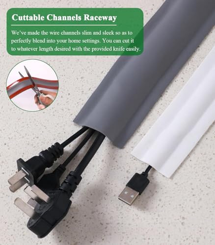 Cubierta de cable de piso autoadhesiva para ocultar cables, blanco, negro y gris, kit de gestión de cables, canal para TV y PC debajo del escritorio de oficina en casa, 1m miniatura 3