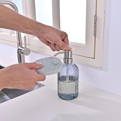 Image of 16 OZ Blue Grey Striped Glass Soap Dispenser with Brushed Nickel Pump