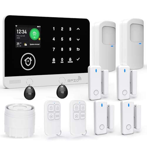 Sistema di Sicurezza Domestico, Sistema di Allarme Casa Senza Fili WIFI/GSM SMS con Rilevatore di Movimento, Sirena di Allarme da 120dB, Telecomando Intelligente, Compatibile con Alexa(12 Pezzi)