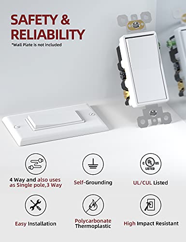 Aida 15 Amp 4 Way Decorator Self-Grounding Quiet Wall Decor Switch, Residential Grade, Ul Listed, Quickwire Push-In & Side Wired, 10 Pack, White #TOP1