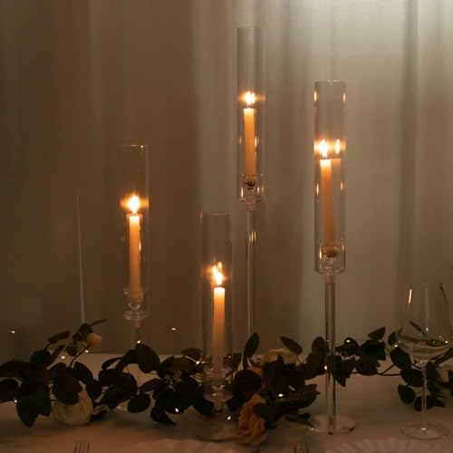TABLECLOTHSFACTORY Set of 4 Clear Acrylic Taper Candlestick Holders, Hurricane Candle Stands with Tall Chimney Tube Candle Shades - 14