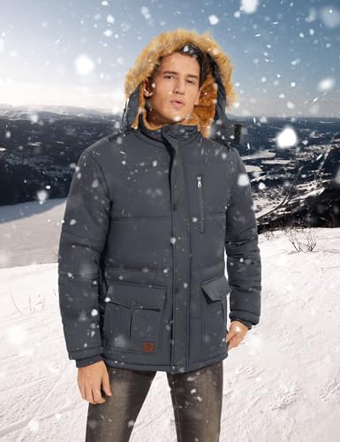 EKLENTSON Men's Winter Jacket with Detachable Hooded Water Resistant Windproof Parka Coat Dark Grey L - Image 6