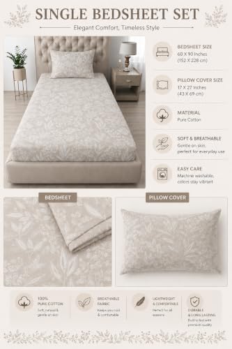 Image of Amazon Brand - Umi Soft Cotton Single Bedsheet 60X90 Inches | 160 TC Lightweight Fabric | Beautiful Elegant Design | Matching Pillow Cover