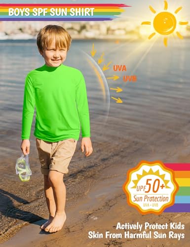 Boys Rash Guard UPF 50+ Swim Shirt for Kids Rash Guard Youth Long Sleeve Sun Beach Water Swimming Shirts High Crew Neck Rashguard UV Protection Swimwear Size 12-14 Neon Green