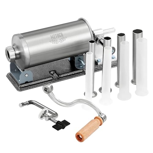 MZTOGR Sausage Stuffer - Stainless Steel Homemade Manual Sausage Maker Horizontal Meat Filling Kitchen Machine, Packed 8 Stuffing Tubes (2.5LBS)