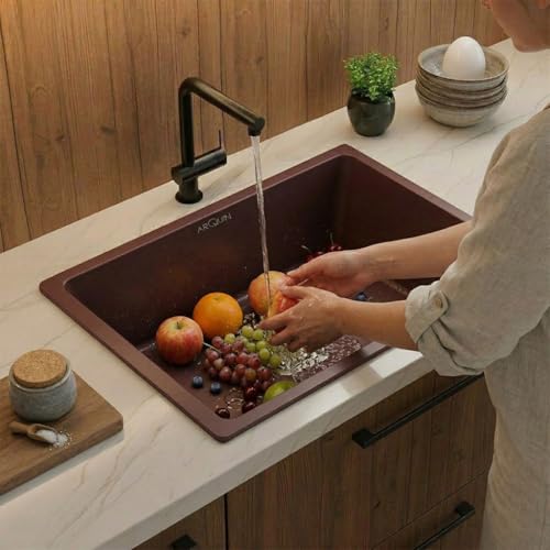Image of ARQUIN Quartz Sink 24x18x9 Inch Brown | Single Bowl Sink | Durable & Scratch-Resistant | Undermount /Topmount Including Coupling, Waste Pipe & Fruit Washing Basket