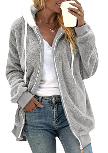 EFOFEI Señoras Chaquetas Casuales Con Capucha De Vellón Con Cremallera Chaqueta De Felpa Con Capucha Gris Claro XL Cover