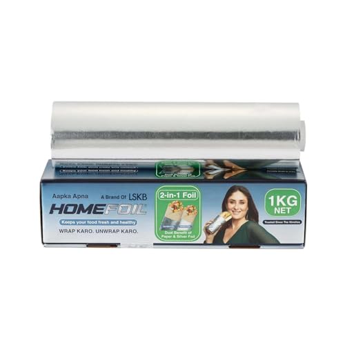 Image of HOMEFOIL 2-in-1 Paper & Silver Converted Aluminium Foil (1 KG Net) for Food Packing | Keeps Food Fresh | Ideal for Food Wrapping, Packing, Storing and Serving | 62.13 Meter Net Guaranteed Length