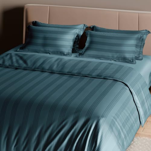 Image of Sassoon Artemis Italian Jacquard Weave Sateen Cotton Bedsheet - 400 TC, Cotton, Stripe Design, King Size (108 x 108 inches), Color: Ocean, Soft, Breathable, - 1 Bedsheet + 2 Pillow Covers