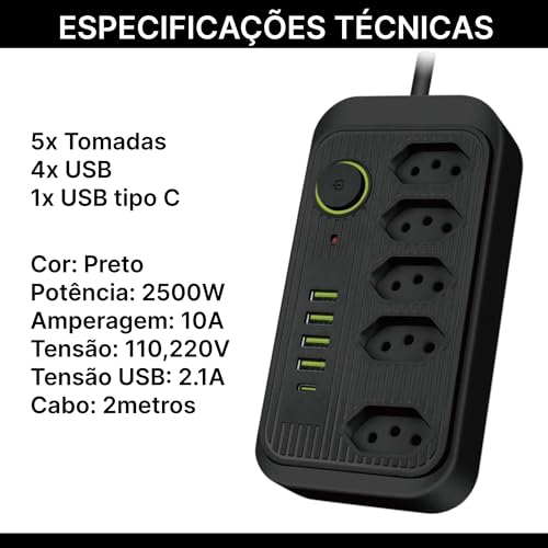 Extensão Tomada 2 Metros com 5 Tomadas 4 Portas USB e 1 Porta USB Tipo C Linha Premium Carregamento
