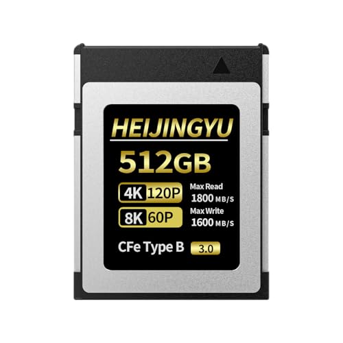 HEIJINGYU 512GB Cfexpress 3.0 Type B Memory Card,1800MB/s Read Speed & 1600MB/s Write Speed,8k Video Recording & Photo,Compatible with C500 Mark III,1DX Mark III;Z6,Z7II,Z9,D850;DC-S1