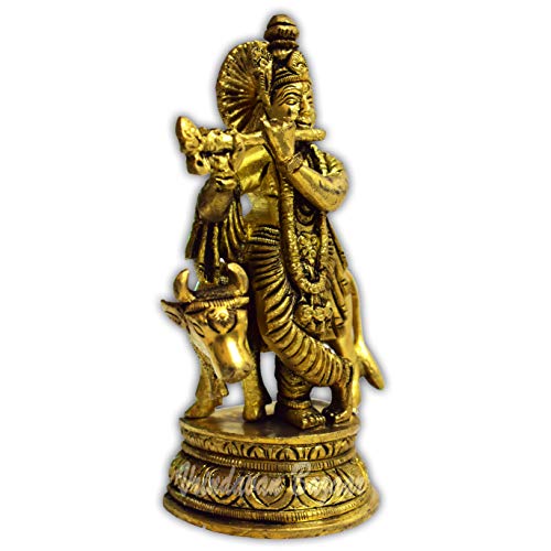 Krishna Flûte à Jouer avec Vache Statuette Décoration Inde 16,5cm