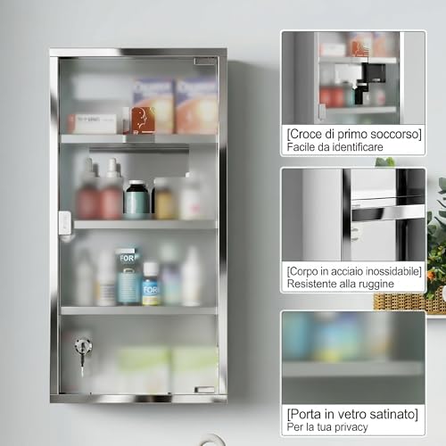 Miniatura 6 de Homcom Armario De Medicinas Botiquín Gabinete De Primero Auxilios Acero Inox 4 Estantes Caja Colgante De Pared Con Cerradura