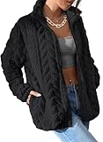 Dokotoo Winter Fleece Jacket for Women Zip Up Long Sleeves Fuzzy Cute Stand Collar Side Pockets Oversized Outerwears,Black Small
