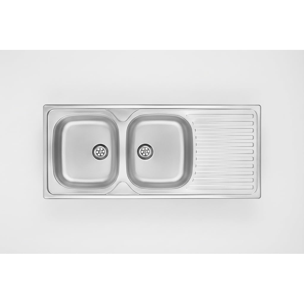 Fregadero de cocina empotrado de acero inoxidable con 2 senos y escurridor, 116 x 50 cm, acabado satinado – Telivo