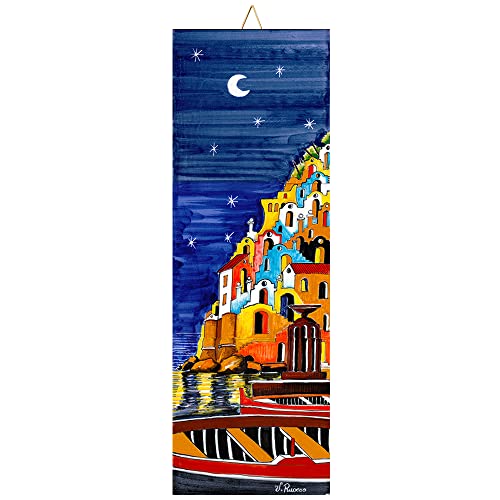 Napolamp Mattonella in Ceramica cm. 10x30 con Stampa di Uno Paesaggio della costiera amalfitana, Paesaggio Positano Notte 2 piastrella Ornamentale da Appendere.