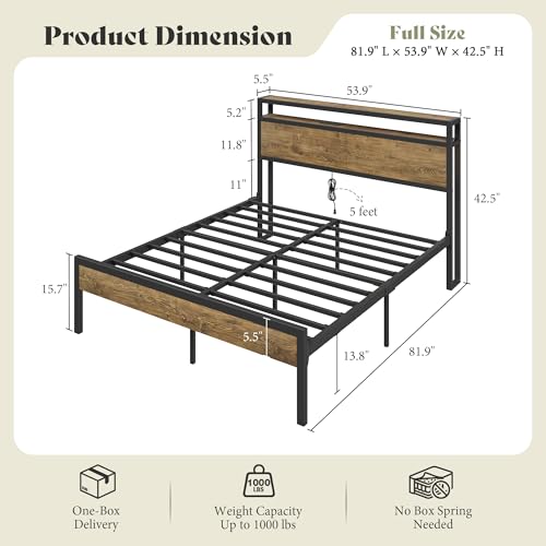 Image of AMERLIFE Full Size Bed Frame with Storage Headboard & Charging Station, Industrial Metal Platform Bed with Large Under-Bed Storage, Heavy Duty Slats, No Box Spring Needed, Rustic Grey