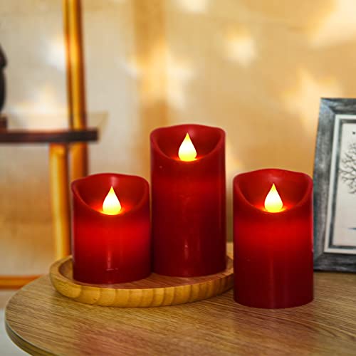 Image of YIWER Flameless Candles Set of 3, Φ3.15 xH 4 inch /5 inch /6 inch Real Wax Not Plastic Pillars Include Realistic Dancing LED Flames and 10-Key Remote Control with 2 /4 /6 /8-hours Timer Function,300+ Hours (3x1, Red)