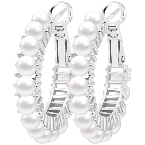 GLOQUAT Silver Plated Freshwater Pearl Hoop Earrings for Women S925 Silver Post Hypoallergenic Vintage Pearl Hoops for Women Trendy Everyday Earrings with Pearls Gold Hoop Earring Lightweight Jewelry