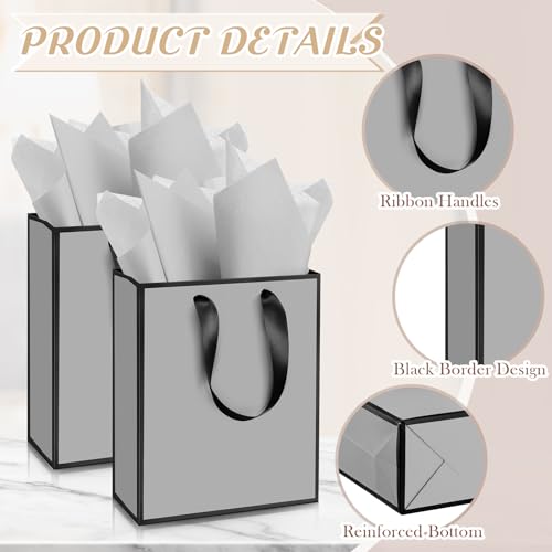 Image of Yeaqee 24 Pack Metallic Paper Gift Bag with Tissue, Gray, Black | with Satin Ribbon Handle and Tissue, 9x7x3.1 Inch, Suit Business, Birthday, Christmas, Thank You Return Gifts Bags