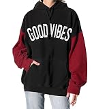 PESION Womens Black Oversized Hoodie Good Vibes Vintage Graphic Pullover Sweatshirts S