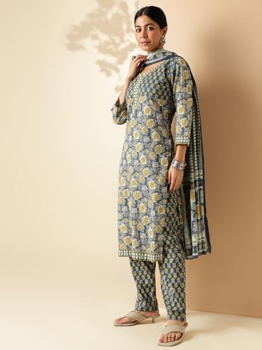 Image of Vbuyz Women'S Floral Print Straight Cotton Blue Stitched Kurta, Pant And Dupatta | Women's Kurta Suit Set l Kurta with Pant Set