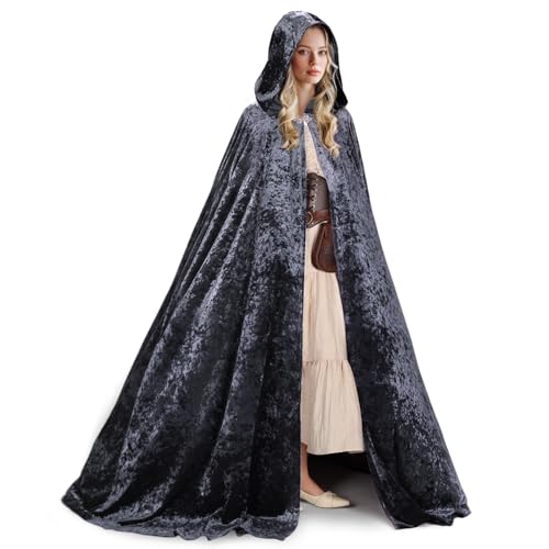 Ibeauti Velvet Cloak with Hood Women Full Length Halloween Witch Vampire Renaissance Medieval Costume Cape (Grey)