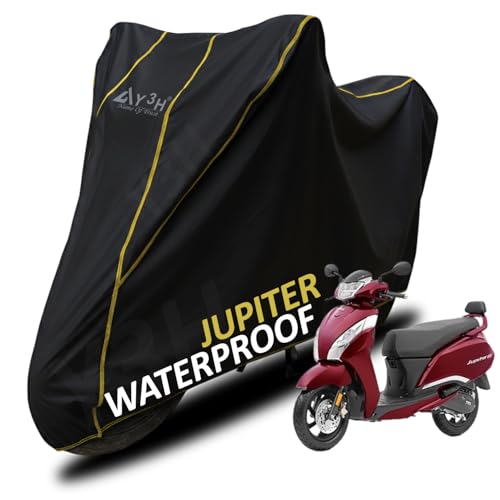 Image of Bike Body Cover TVS Jupiter Full Body Cover with Waterproof, Dust Proof, UV Rays Protective, Tripple Stitching & Lightweight Two Wheeler Covers - Black with Waterproof Yellow Piping