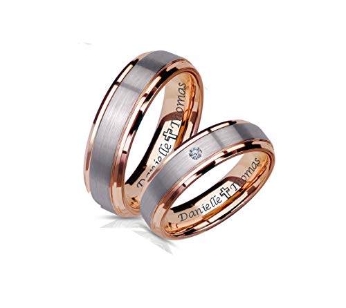 Personalized Brushed Silver & Rose Gold Tungsten Ring Set Custom Engraved Free In Any Language - Couple's Ring Set - Wedding Band Set - Ships from USA2