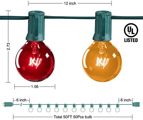 G40 Globe Patio String Lights 50Ft with 50 Multicolor Transparent G40 Bulbs, UL Listed Hanging Indoor/Outdoor Christmas String Lights for Bistro Pergola Backyard Market Gazebo Party Decor, Green Wire