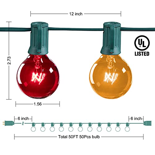 G40 Globe Patio String Lights 50Ft With 50 Multicolor Transparent G40 Bulbs, Ul Listed Hanging Indoor/Outdoor Christmas String Lights For Bistro Pergola Backyard Market Gazebo Party Decor, Green Wire #TOP3