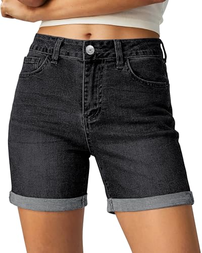 luvamia Jean Shorts for Women High Waisted Trendy Mid Thigh Long Cuffed Hem Women's Shorts Denim Stretchy High Rise Jean for Women Casual Summer Jorts Washed Black Size X-Large US 16 to 18