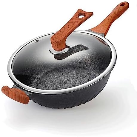 Hljbby 12.6 Inch Wok Pan with Lid Cast Aluminum, Maifanshi non-stick wok for Cooking Wok Skillet and Gas Cooktops/Induction/Electric Stove