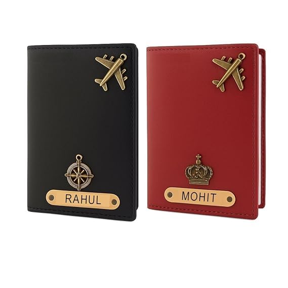 Unisex-Adult Personalised Name, Charm & Color Leather Passport Cover Gift Set/Wallet for Couple - 2 Pcs | Wedding Anniversary Marriage Gifts for Couple Friend Husband Wife, Assorted