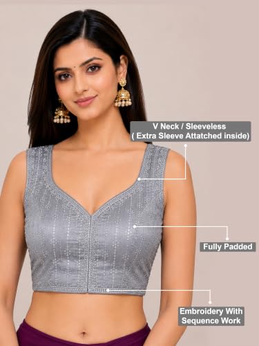 Image of TRENDMALLS Women's Dhupion Silk Embroidery Sequence Work V Neck Sleeveless Blouse Choli Stylish Saree Blouse Ready to Wear
