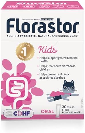 Florastor Kids - Saccharomyces Boulardii CNCM I-745 - Daily All in One Probiotic - Supports Gut Health & Immune System -The #1 Probiotic in class Wordlwide - For Kids - Fruit punch Flavor - 30 sticks