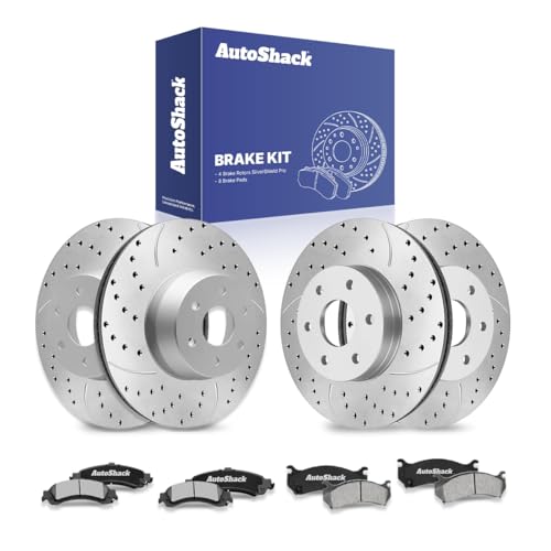 AutoShack Front & Rear Drilled & Slotted Brake Rotors Ceramic Brake Pads Replacement for Chevrolet Suburban 1500 Tahoe GMC Yukon XL 1500 4WD Silver Zinc Coated 12-PC Brake Kit SilverShield Pro