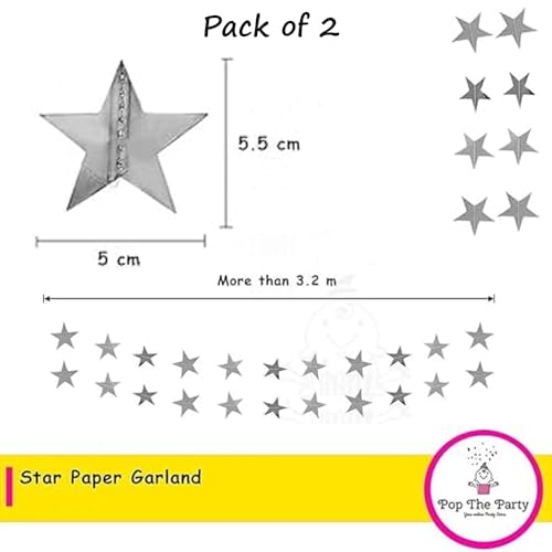 Image of Pop The Party Paper Star Garland Pack of 2 - Silver Hanging Stars for Birthday Decorations, Wedding, Festivals & Holiday Party Decor