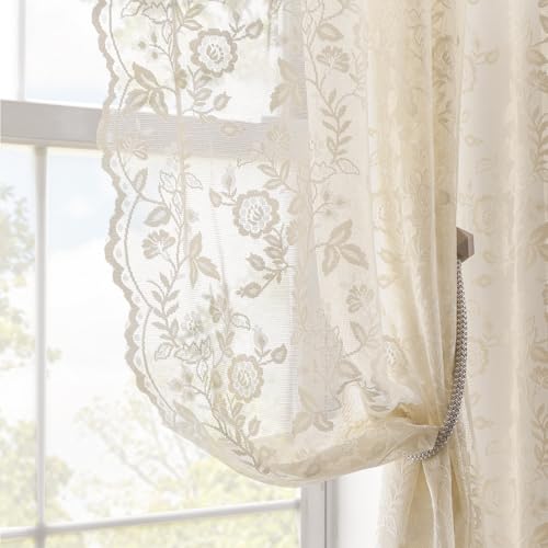 Beige Lace Curtains 63 Inch Length 2 Panels Set Rustic