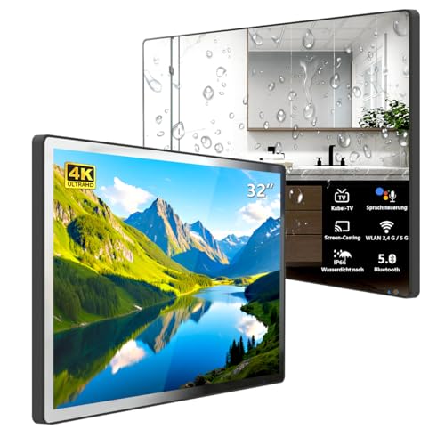 Leotachi 32-Zoll Smart Badezimmer-Spiegel-Fernseher, 4K Ultra HD, IP66 wasserdicht, Android TV, Sprachfernbedienung, integrierter DVB-T/T2/C/S/S2 Tuner, HDMI (ARC), S/PDIF (schwarz) (schwarzer Rahmen)