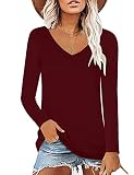 Elesomo Long Sleeve Tshirts Shirts for Women Cotton Tee V-Neck T-Shirt, Burgundy S