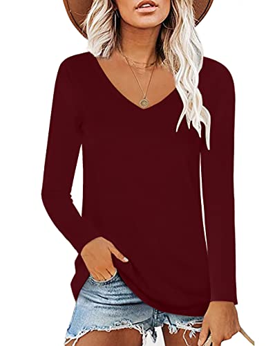 Elesomo Long Sleeve Tshirts Shirts For Women Cotton Tee V-Neck T-Shirt, Burgundy S #TOP19