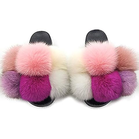 DAYISS Womens Real Fox Fur Ball Slides Flip Flop Fluffy Slippers Fuzzy Sandals Furry Slide for Women Cover