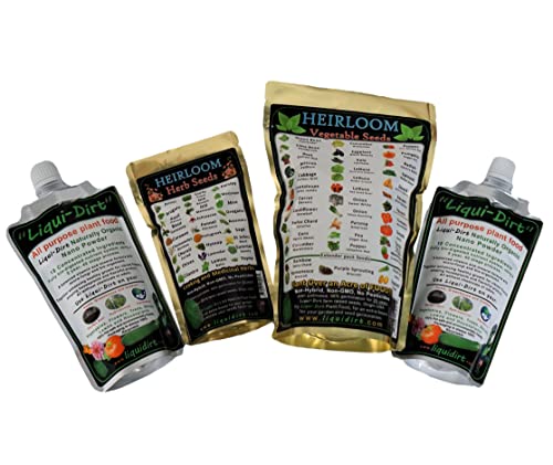 Liqui-Dirt Heirloom Seed Master Kit - Herb Seeds 27 Varieties and Vegetable and Fruit Seeds 38 Varieties Thousands of Seeds Plus 2 Bottles of Liqui-Dirt Nano Powder All-Purpose Organic Plant Food